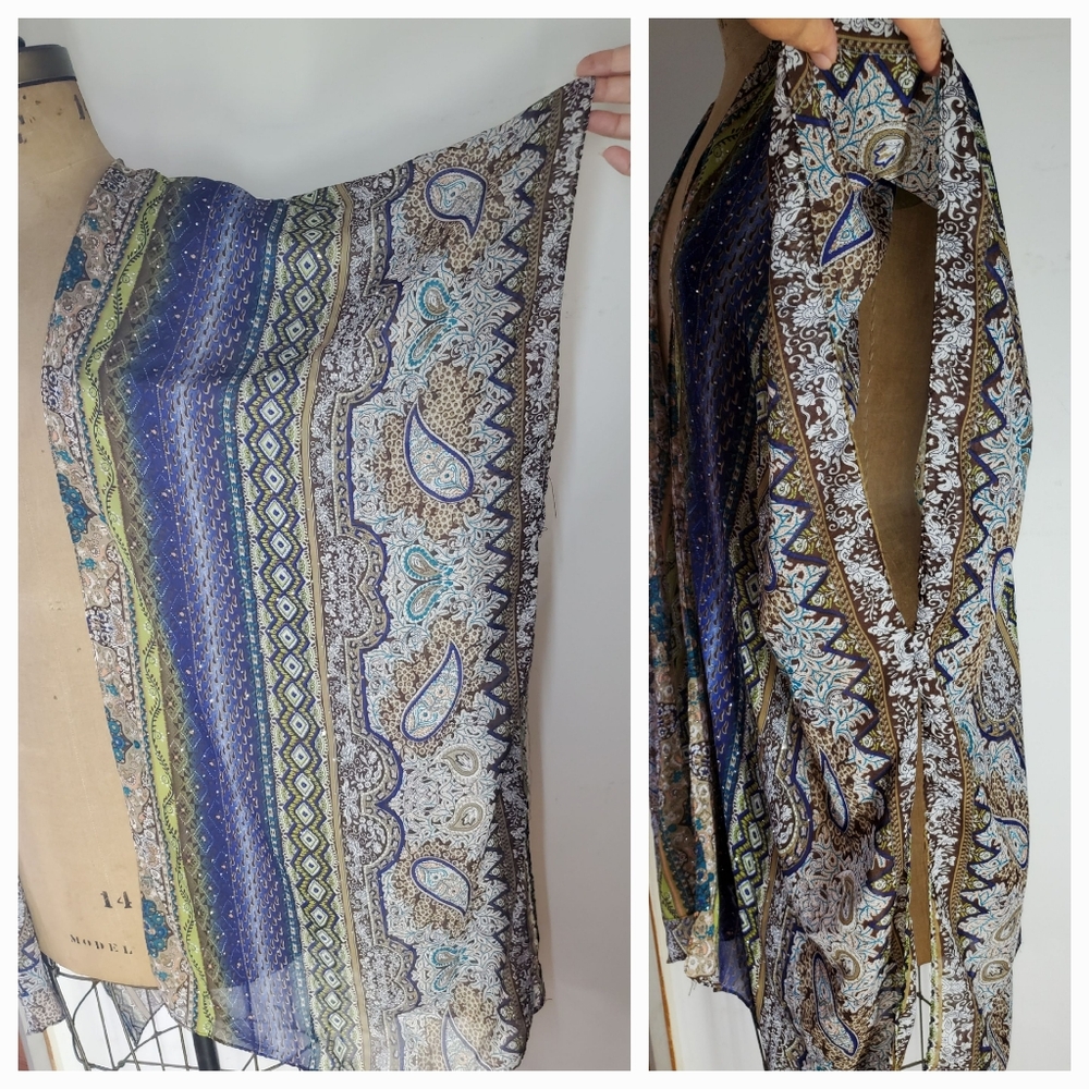 Jessica McClintock Scarf Shawl Wrap Cardigan Indigo Olive Paisley Floral Stripe - Picture 6 of 10